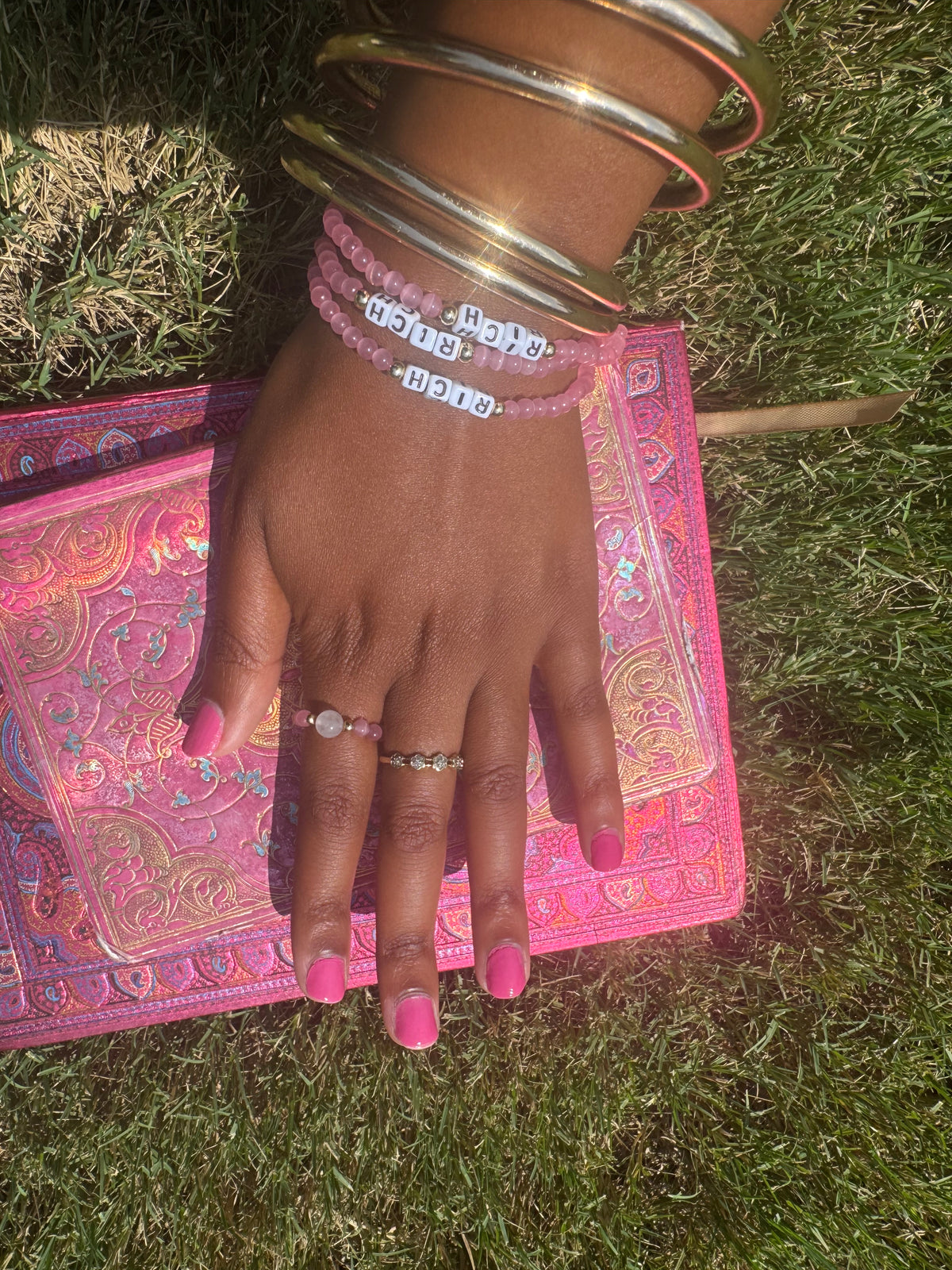 “RICH” pink cat’s eye affirmation bracelet