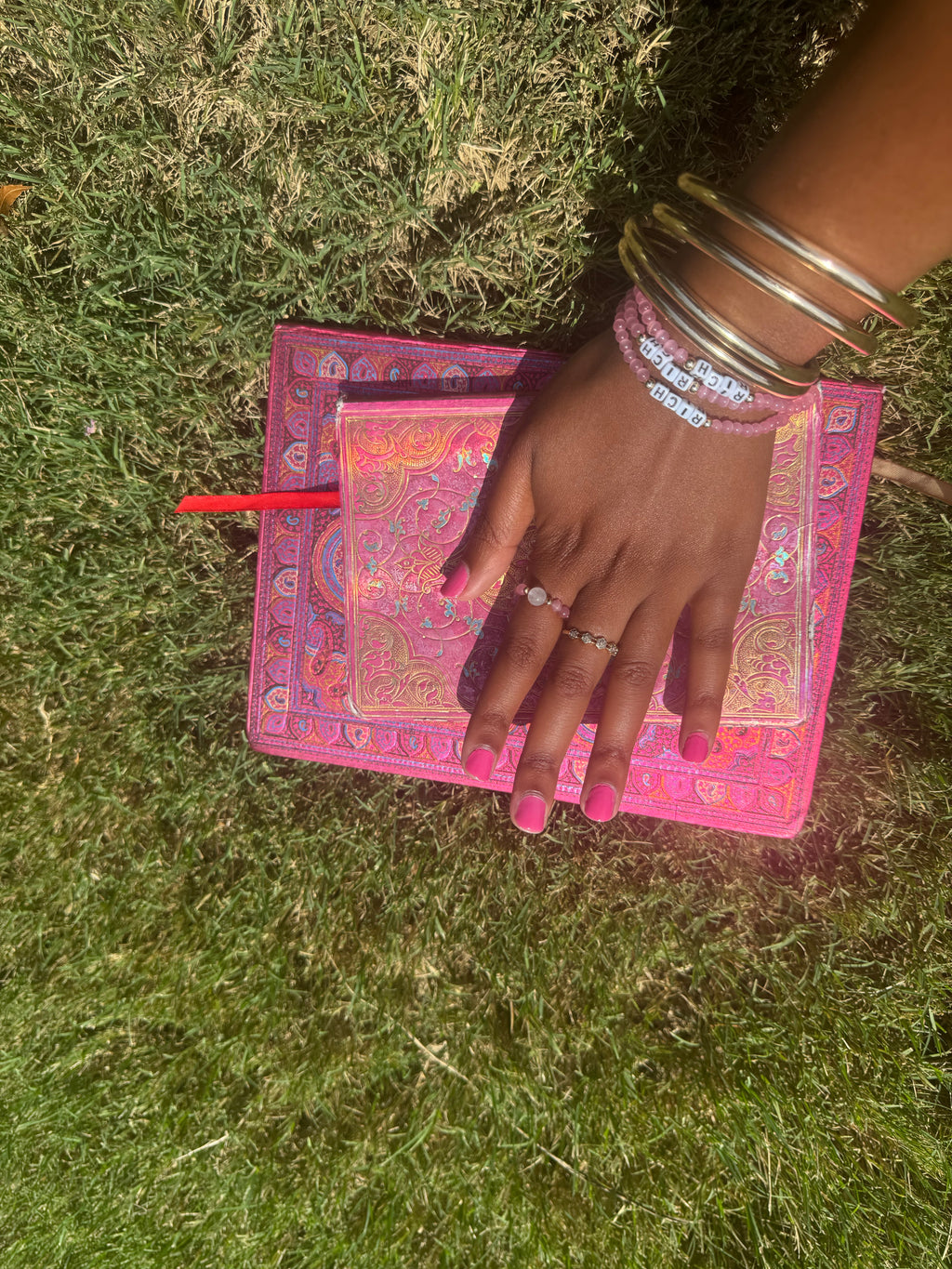 “RICH” pink cat’s eye affirmation bracelet