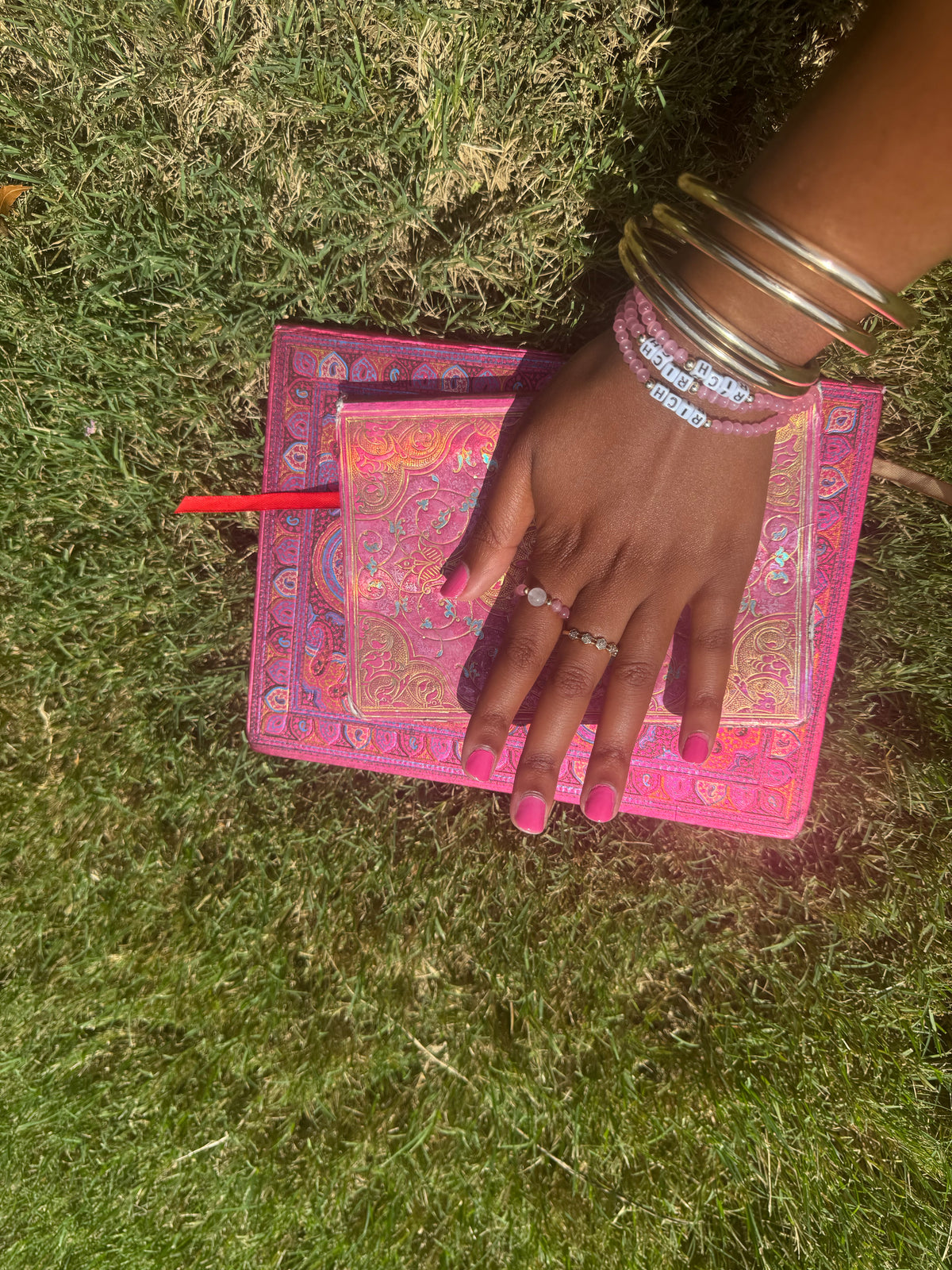 “RICH” pink cat’s eye affirmation bracelet